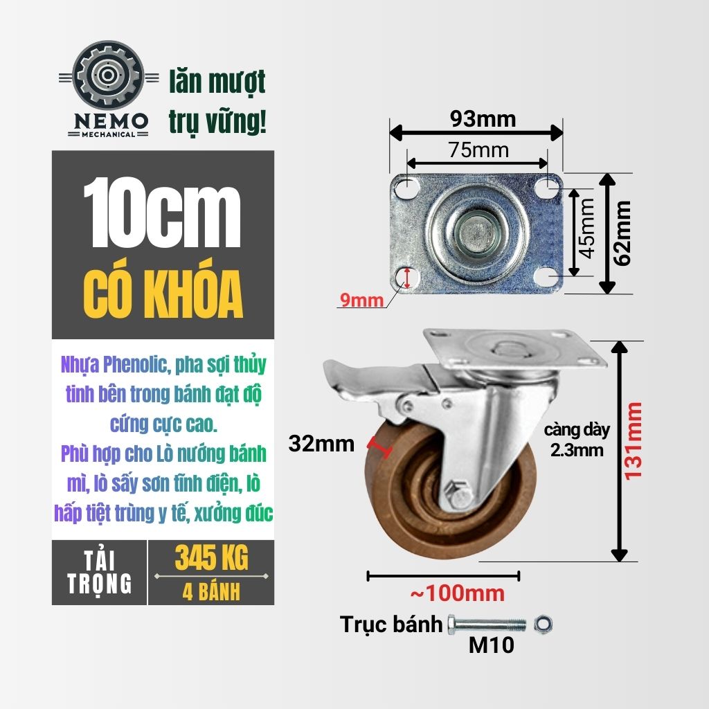 Bánh Xe Phenolic Chịu Nhiệt 280°C – Chuyên Dụng Lò Nướng, Lò Sấy (D75, D100, D125)